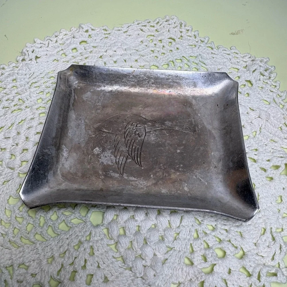 Vintage Unbranded Silver Tone Trinket Tray Bird Etching Cottagecore